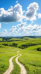Scenic nature path exploring rolling hills countryside landscape photography sunny atmosphere wide angle view tranquility