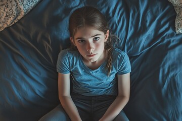 Naklejka premium girl sitting on bed, discomfort facial expression, suffering insomnia
