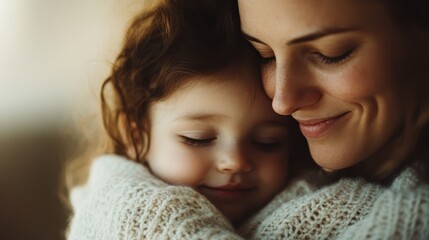 A loving mother tenderly hugs her daughter, capturing the essence of warmth, comfort, and the deep bond between parent and child in a serene and intimate moment.