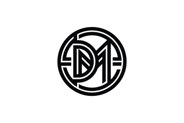 Circular logo design featuring intertwined letters d and m in black and white