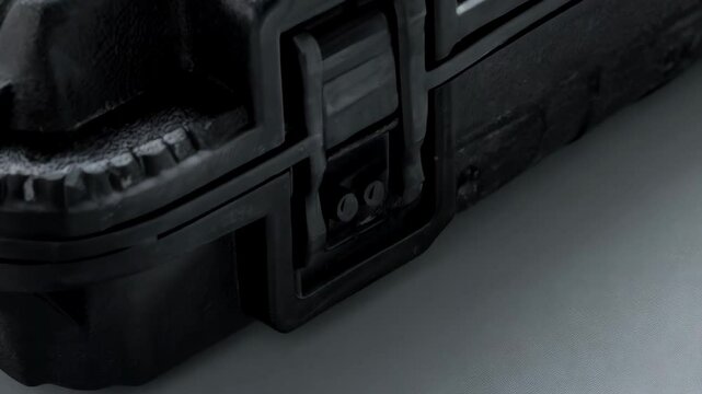 Close-up of durable black plastic storage case with textured surface and secure latching mechanism ensuring protection during transport