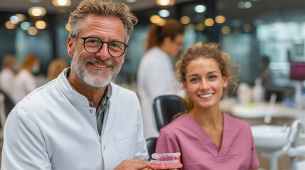 Dental professional showcasing clear aligners in a modern clinic setting