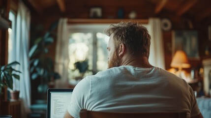 A focused man wearing a white shirt is seen working on a laptop in a warmly-lit cabin, surrounded by plants and a rustic atmosphere, creating a sense of tranquility and productivity.