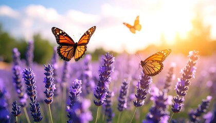 Monarch Butterflies Lavender Field Sunset.