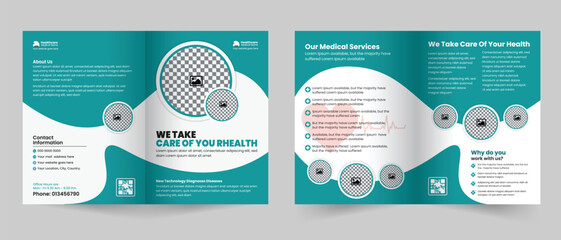 Medical healthcare service bifold brochure design or hospital clinic promotion brochure template, Multipurpose template with cover, back, and inside pages layout