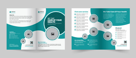 Medical healthcare service bifold brochure design or hospital clinic promotion brochure template, Multipurpose template with cover, back, and inside pages layout
