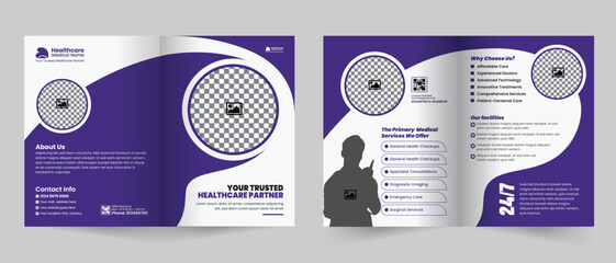 Medical healthcare service bifold brochure design or hospital clinic promotion brochure template, Multipurpose template with cover, back, and inside pages layout