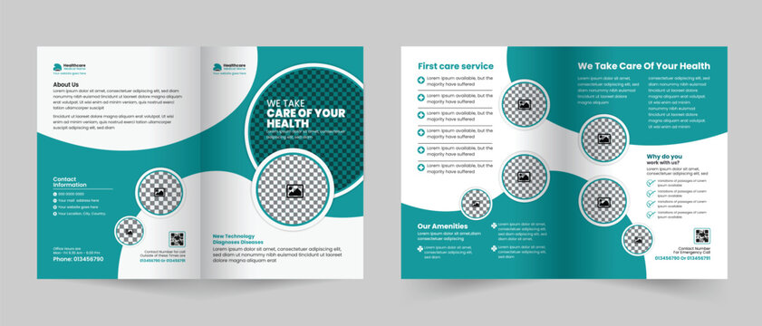 Medical healthcare service bifold brochure design or hospital clinic promotion brochure template, Multipurpose template with cover, back, and inside pages layout