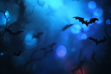 Halloween background with pumpkins and bats, spooky atmosphere