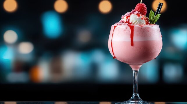 A delicious pink milkshake topped with scoops of ice cream, fresh raspberries, and a drizzle of syrup, perfect for indulging on a warm day with friends or family. - Powered by Adobe