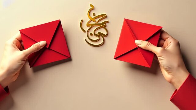 A bright 3D icon of hands exchanging red envelopes with golden Eid Mubarak calligraphy floating between them in cartoon style.