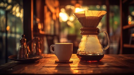 Warm coffee, pour-over, cafe ambiance