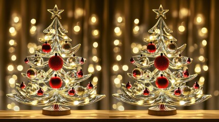 Two illuminated glass Christmas trees, adorned with red and gold ornaments, against a backdrop of warm, blurred holiday lights
