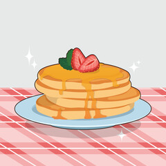 A stack of pancakes adorned with syrup and strawberries served on a blue plate over a red and white checkered tablecloth