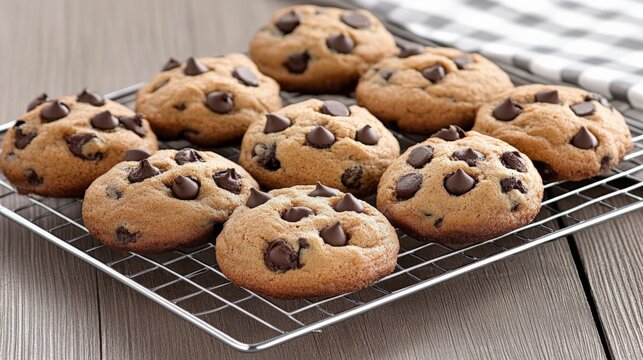 Freshly baked chocolate chip cookies cooling on a wire rack with a checkered cloth nearby