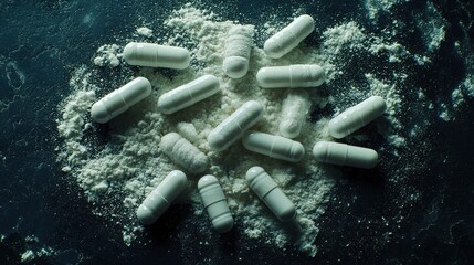 White capsules scattered on a dark surface covered in white powder