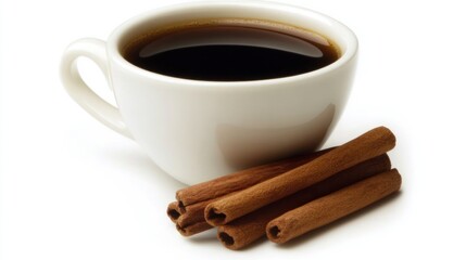White cup of dark coffee with cinnamon sticks
