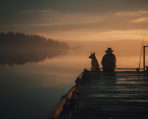 A man sitting on a dock with a fishing pole, a dog beside him, the soft golden light of sunset creating a peaceful, reflective atmosphere.