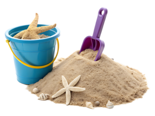 A blue bucket with starfish, a sand pile with a purple shovel and seashells on a black background