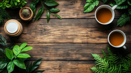Minimalist wooden desk with abstract office items, clean workspace composition. Simplicity and modern efficiency in a tidy work environment.