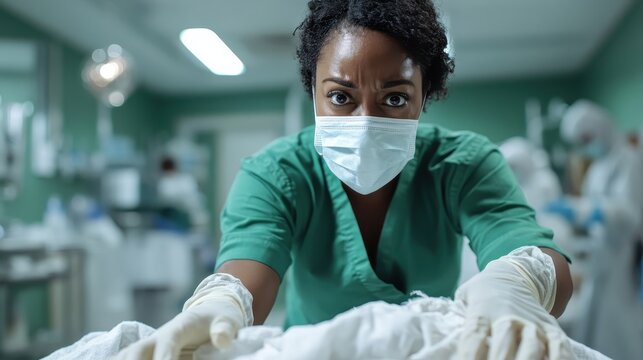 A focused surgeon in green scrubs and a mask intensely observes a patient on the operating table, highlighting the dedication and seriousness of medical professions.