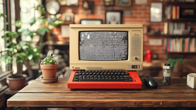 A retro computer from the 1980s sits on a cluttered desk in a nostalgic office environment, evoking a vintage tech workspace vibe