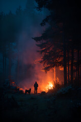 Fototapeta premium A man standing by a bonfire at the edge of a forest with his dog by his side, the orange glow of the flames creating a warm, intimate scene.
