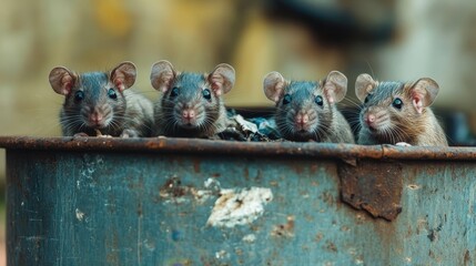 Dirty rats peeking out from garbage bin