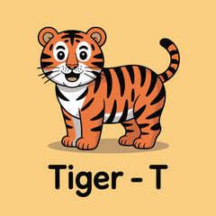 A friendly tiger cartoon illustration in a bright orange and black color scheme with a happy expression ideal for childrens books or educational materials.