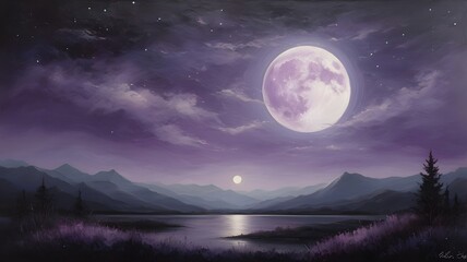 Fototapeta premium Mystical Full Moon Over Mountain Lake - Dreamy Night Landscape Illustration