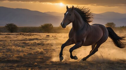 Wild Horse Running in Desert at Sunset &ndash; Powerful Animal in Motion
