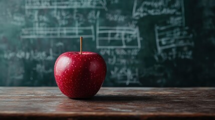 A solitary red apple placed on a rustic wooden table within a classroom setting, symbolizing knowledge, education, and the classic association of apples with teaching.
