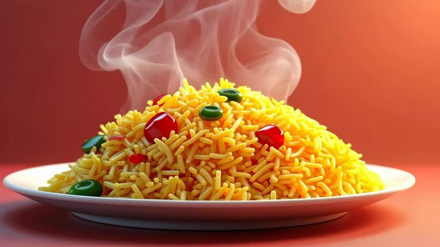 Glossy 3D icon of steaming plate of biryani with aromatic swirls rising above rice in cartoon style. Eid al-Adha, Kurban Bayram, Islamic holiday, sacrifice tradition, family celebration, Muslim feast.