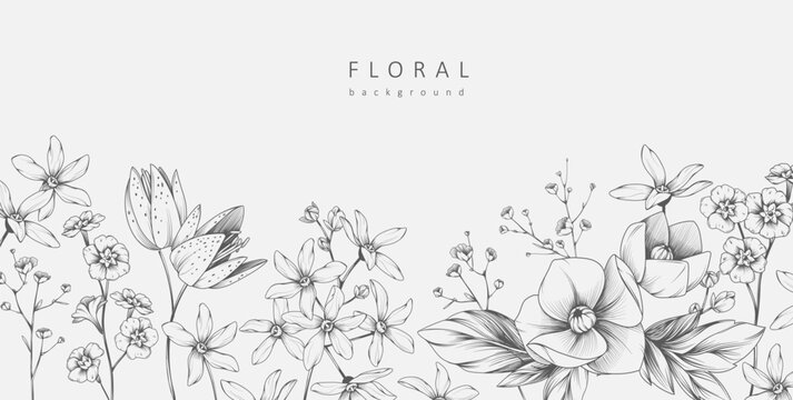 Background with detailed various flowers and foliage, intricate details and delicate forms. Hand drawn vector illustration with elegant botanical elements for invitation, save the date card