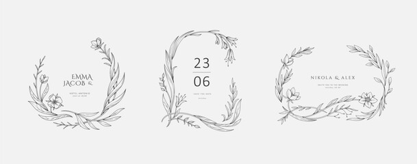Set of elegant calligraphic botanical design elements, floral frame and graceful branches. Wedding wildflowers for invitation save the date card. Botanical feminine rustic vector illustration