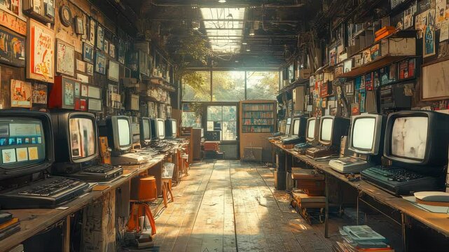 Wide-angle shot of a retro computer control room filled with vintage monitors and hardware, evoking a nostalgic tech atmosphere