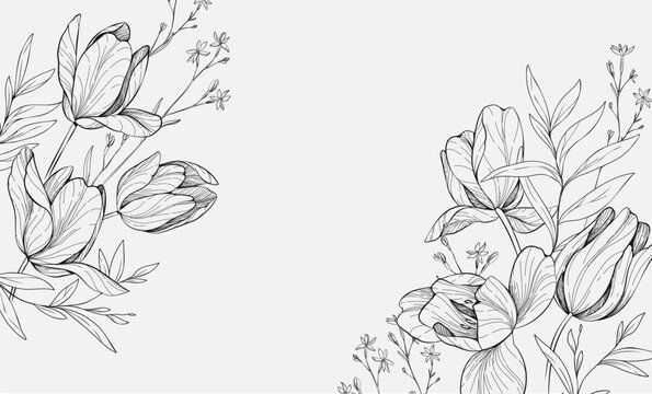 Floral bakground or wallpaper with bouquet of various tulip. Flowers and foliage for wedding invitation or wall art. Vector illustration. Luxury inked