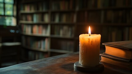 A candle burning in a dark library