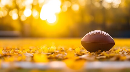 American Football on Autumn Leaves at Sunset