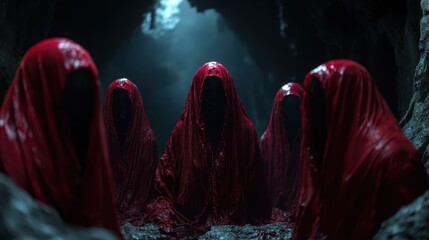A haunting scene of hooded figures in flowing red cloaks gathered in a dark cave, creating an eerie atmosphere that evokes mystery, fear, and the unknown.