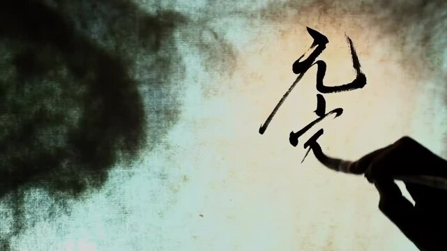 Culture scene artistic hand writing inspiration through traditional oriental calligraphy with brush and ink, cultural art practice in a peaceful home setting