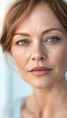 Portrait of a Mature Woman with Freckles, Showing Natural Beauty and Confidence in a Close Up View
