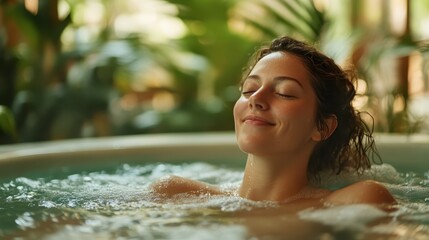 A serene woman enjoys a peaceful moment of relaxation as she bathes in a soothing jacuzzi, surrounded by lush greenery, enhancing a feeling of tranquility and calmness.