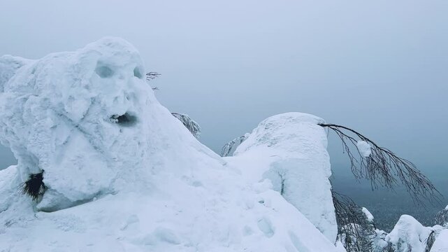 View of the white rocks and the winter forest on Mount Polyud. Lappish spruces on Mount Polyud in the Perm region in winter. In winter, there is a lot of snow and frost on the trees in the Urals. 4К	