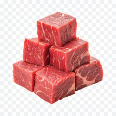 realistic fresh pile of fresh raw beef  cubes isolated on transparent background