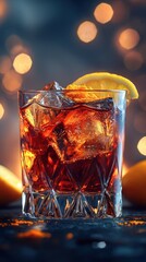 Refreshing Whiskey Cocktail with Ice and Orange Slice Garnish Close-up