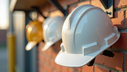 Hard hats in various colors hanging on a brick wall in sunlight  