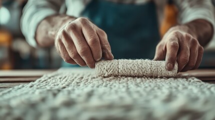 An intimate glimpse of skilled hands carefully rolling a soft yarn in a crafts studio, illustrating the art and creativity behind handmade textile projects.