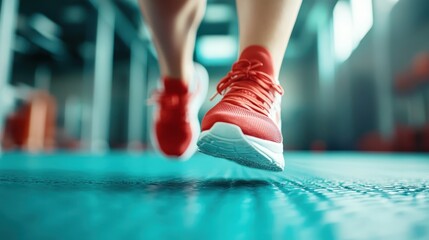 Naklejka premium An energetic shot captures a runner in bright red sneakers in motion, highlighting athleticism and determination against the backdrop of a gym environment.