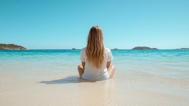 A tranquil scene of a woman sitting in the shallow water of a clear blue ocean, enjoying a peaceful moment and embracing the warmth of a sunny beach day.
